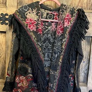 Johnny Was long fringe hooded jacket with embroidery.